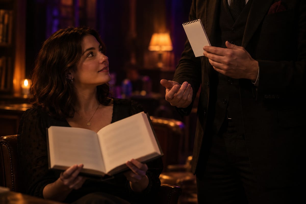 A spectator holds an open book and looks up at the performer, who holds a notepad face down