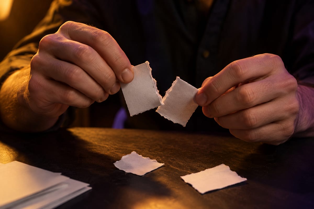 Hands tear a small folded square of paper over a table