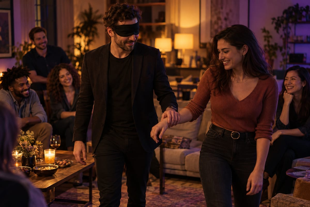 A blindfolded performer is led through a living room by a guest holding his wrist while friends watch