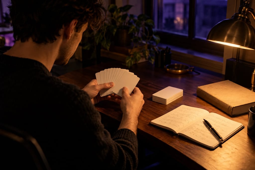 Someone practises with a deck of cards at a desk at night beside a notebook and an old book