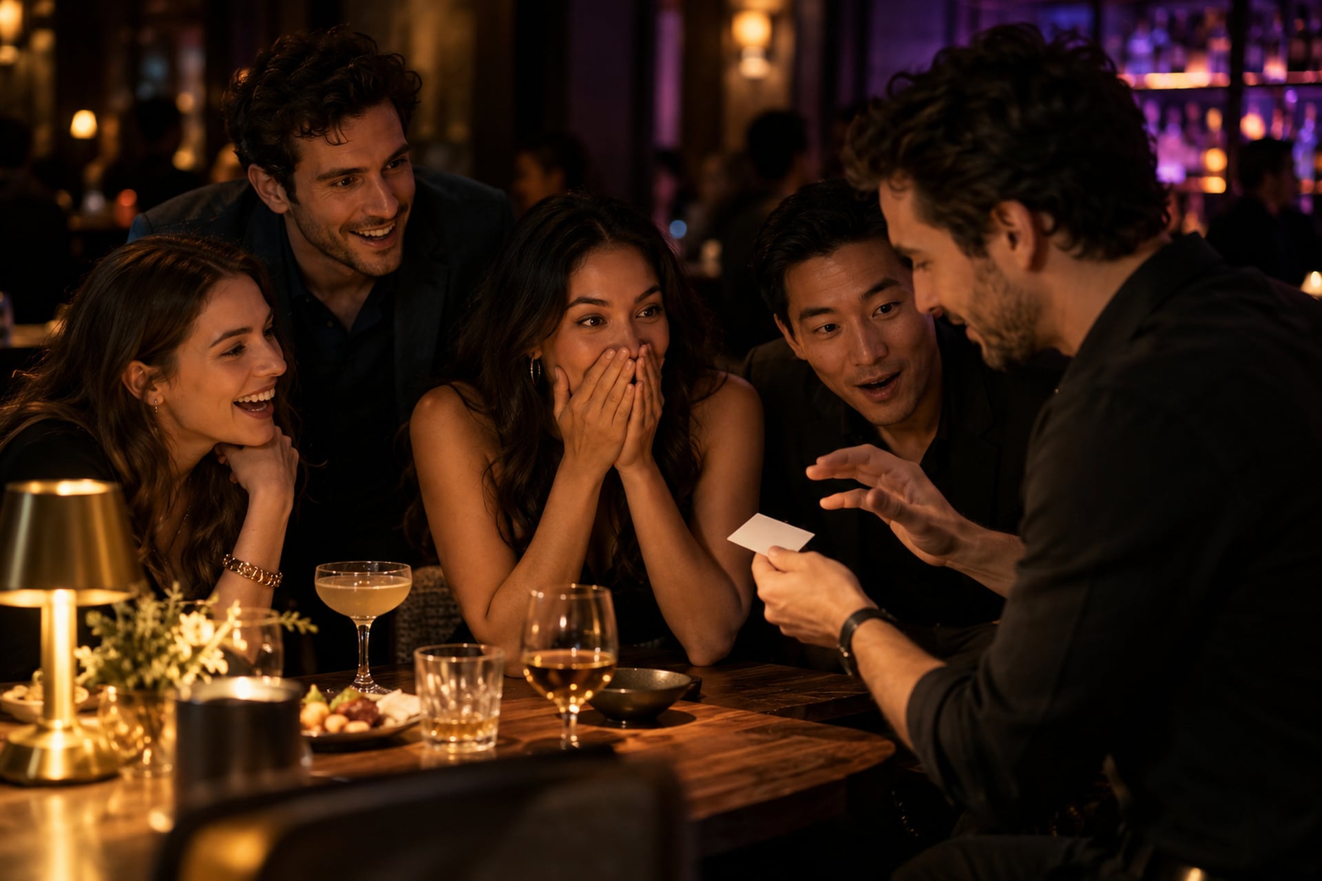 A mentalist performs at a bar table while a woman in the group covers her mouth in surprise